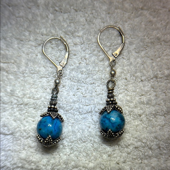 925 Sterling Silver and Blue Jasper Marble Dangle Earrings - Picture 1 of 6